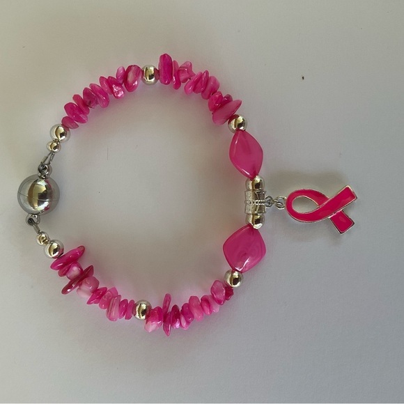 Hand Crafted Pink Breast Cancer Awareness Charm Bracelet Silver Magnetic Clasp - Picture 3 of 7